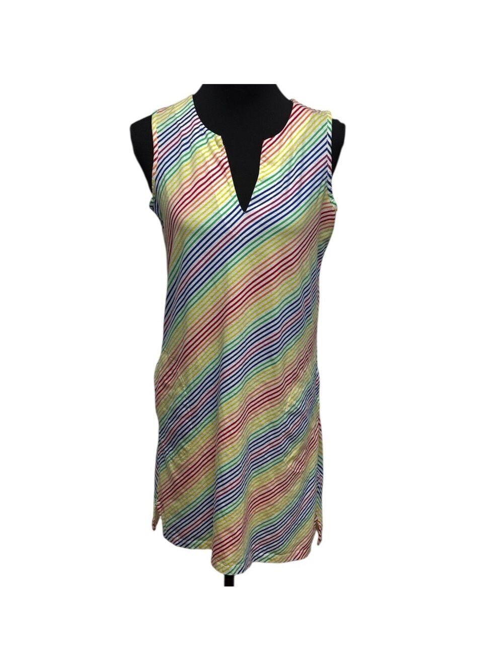 Lands' End Vibrant Rainbow Striped Dress. Colorful Comfy Fun Party